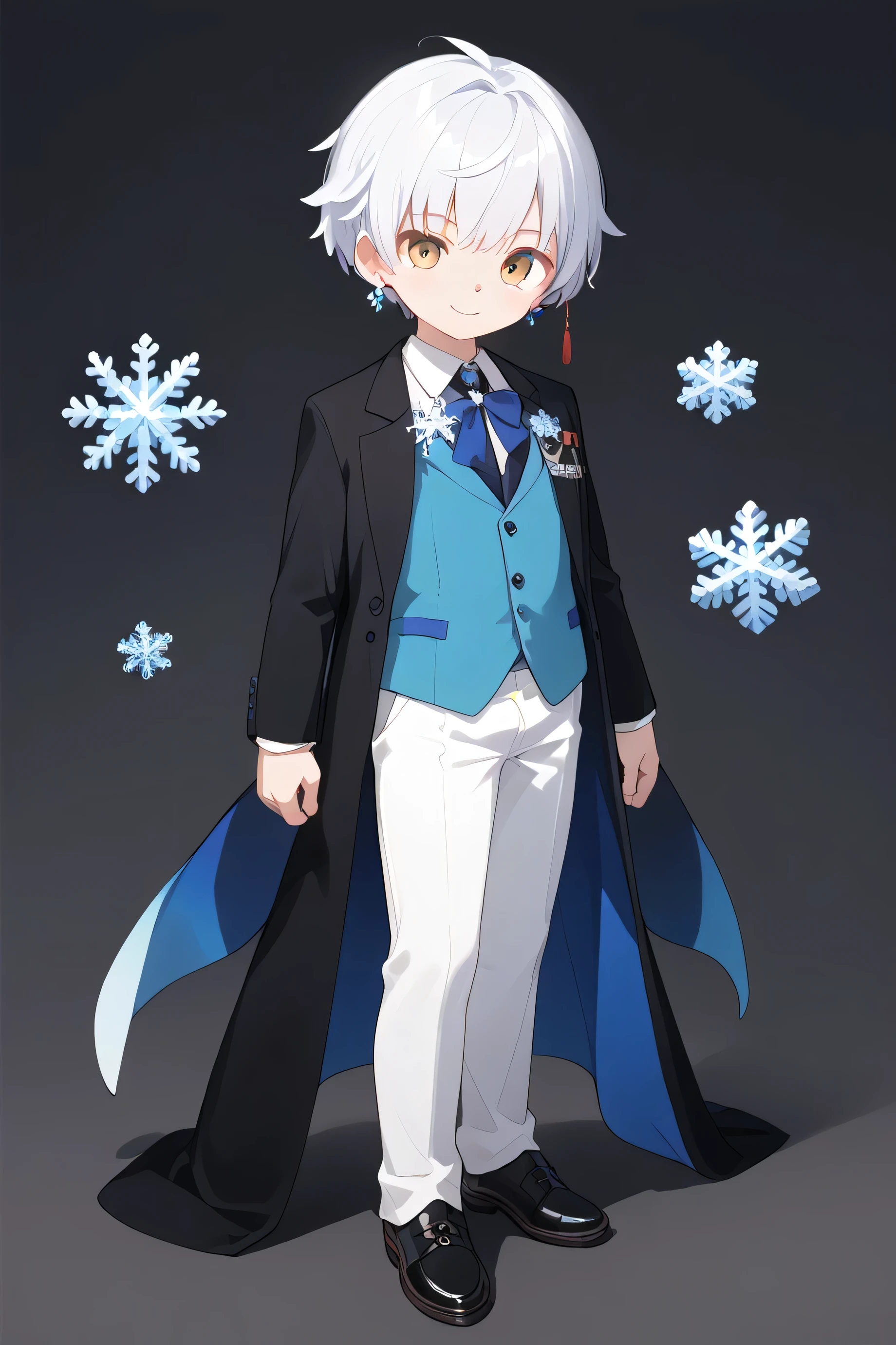 1man, boy,solo, short_ hair, full body,looking_at_viewer, smile, closed_mouth, yellow_eyes, full_body, SUITS,earrings, white_hair, snowflake_(symbol), character_name, SUITS,black_footwear, symbol-shaped_pupils, +_+, ;),multicolored_background,(full_body),stand up,