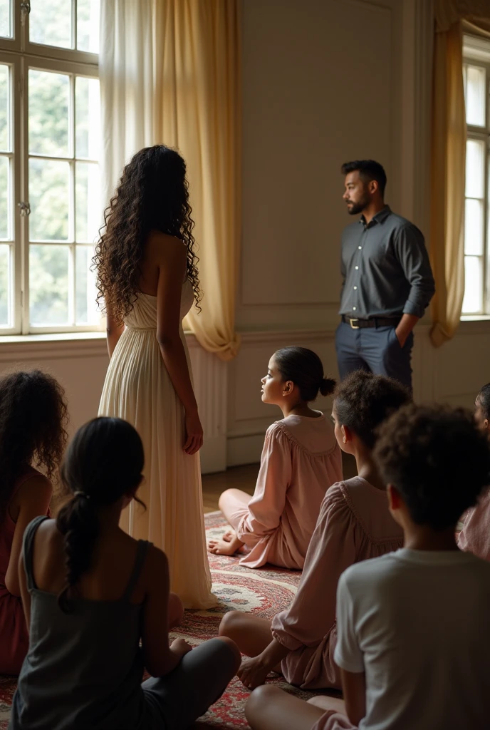 There were young students sitting on the floor of a room, standing, in front of them they heard a woman, with long curly hair, speak with authority and delicacy, This woman was wearing a beautiful long dress.