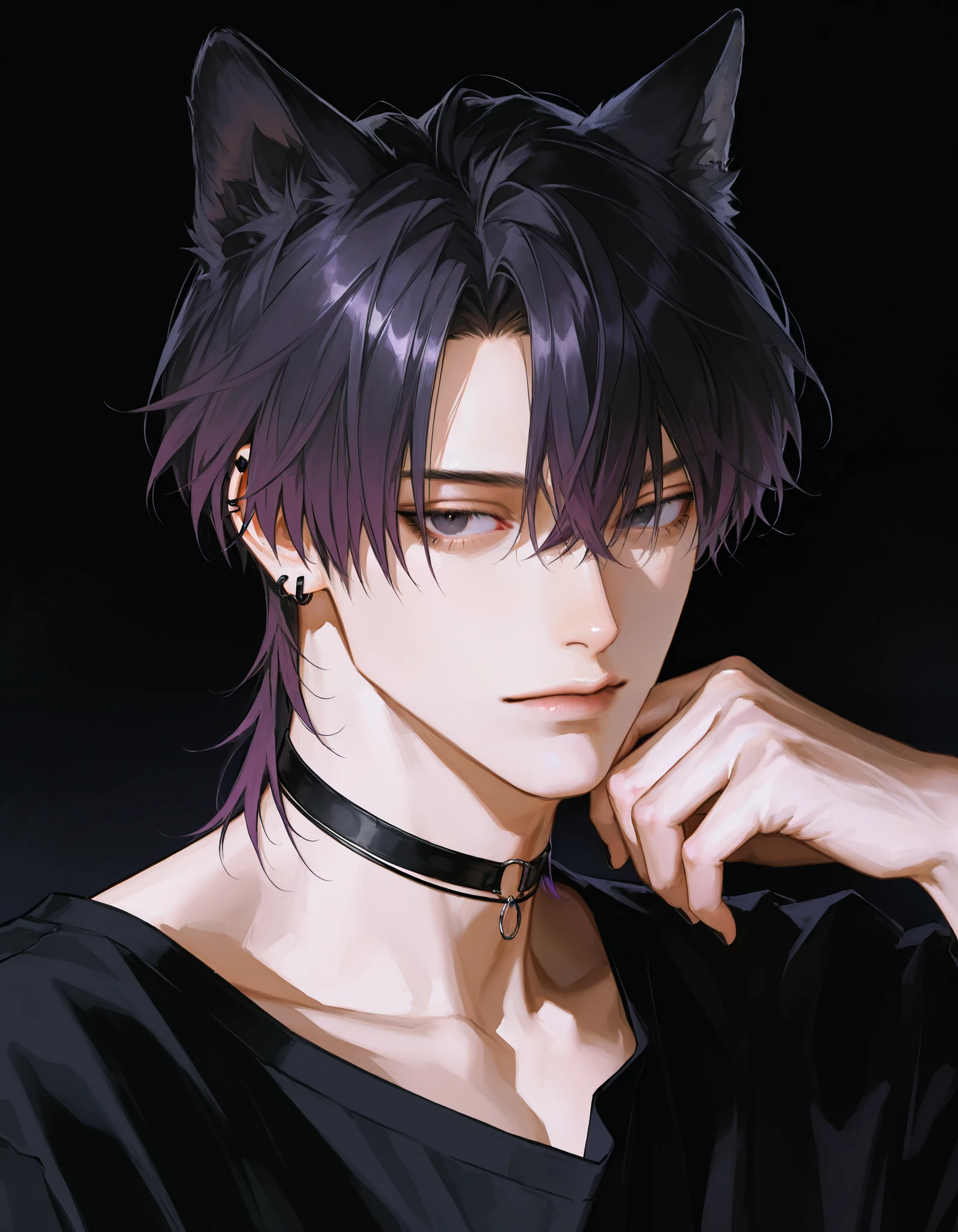 Handsome man, mature male, messy black hair, a man, dark eyes, dark purple hair with highlights, male focus, anime style, handsome man, hazy atmosphere, thick paint, wolf ears, black nail polish , choker, dark background, black earrings, thickly painted, black nail polish, perfect eyes ,semi-realistic art , semi-realistic art style, expressive brushstrokes, vibrant brushstrokes, impressionistic painting, realistic skin, realistic hair, realistic details, photo-realistic, high details
