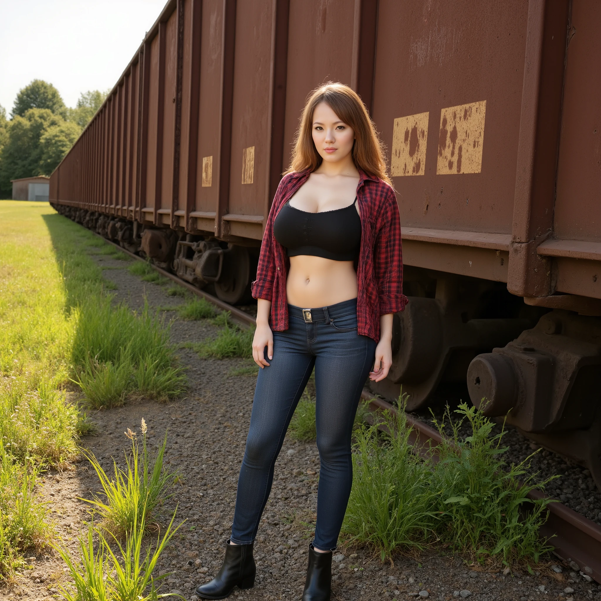 Ultra-realistic photo, masterepiece, of young woman stands confidently beside a weathered, abandoned train car, its rusted metal glinting under the warm embrace of summer sunlight. She wears a long-sleeved plaid shirt, casually draped over a fitted spaghetti-strap crop top that accentuates her curves, paired with snug jeans that highlight her silhouette. Her sturdy boots ground her in this wild, overgrown landscape, where vibrant green weeds weave through the cracked earth, reclaiming the remnants of the past. The train car, a relic of forgotten journeys, is adorned with intricate rust patterns, telling stories of time and neglect. The natural light bathes the scene in a golden hue, casting soft shadows that dance around her, creating an atmosphere of nostalgia and freedom. This moment captures the juxtaposition of youthful spirit against the backdrop of decay, evoking a sense of adventure and exploration in a world where nature and history intertwine seamlessly. The composition invites viewers to ponder the stories hidden within both the woman and the train car, a vivid snapshot of life amidst abandonment.