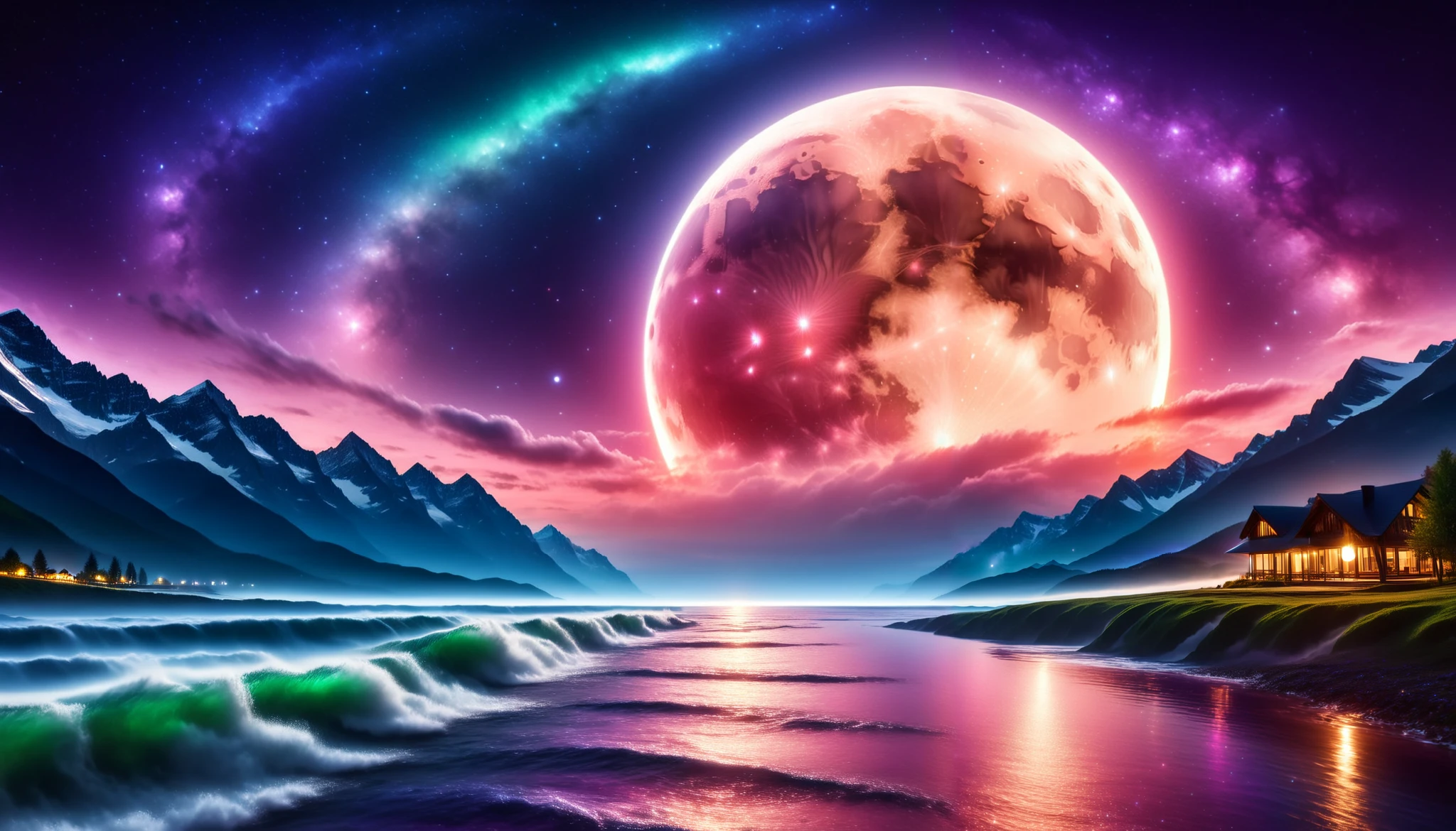  huge moon shining pink),giant pink moon , super high image quality, high definition , High Quality ,Detailed Scenery ,Night Sky,（Milky Way Galaxy）,The Alps,The giant moon and stars moving to the lake々, beautiful Artistic illustration , Ultramarine, green,  Purple , black, Majestic Atmosphere,An epic and mysterious moon,