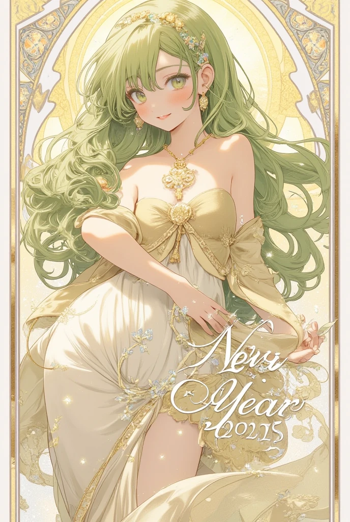 (poster, new year, write "HAPPY NEW YEAR" and "2025" in calligraphy:1.4), girl, light green hair, light green eyes, large breast, long hair, long legs, 22 years old, accent color is light yellow, (transition of time from 2024 to 2025:1.3), Alphonse Mucha Style, AM Style, Art Nouveau Poster