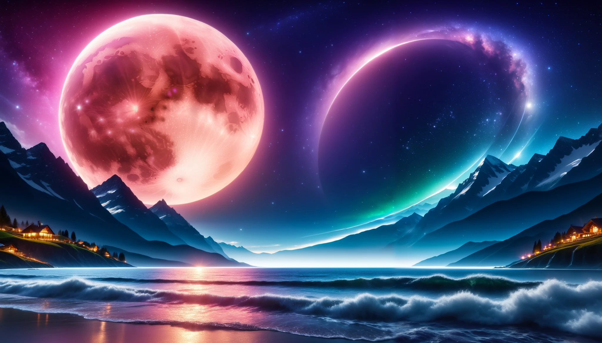  huge moon shining pink),giant pink moon , super high image quality, high definition , High Quality ,Detailed Scenery ,Night Sky,（Milky Way Galaxy）,The Alps,The giant moon and stars moving to the lake々, beautiful Artistic illustration , Ultramarine, green,  Purple , black, Majestic Atmosphere,An epic and mysterious moon,