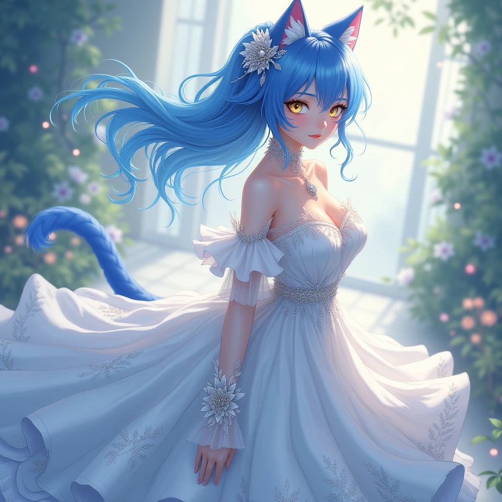 girl, Wearing a wedding dress, White Wedding Dress, Full body painting, slim, Long legs Dark blue hair girl, Cat ears and tail, Wearing a tank top and racing pants. body type Twin tails Female genitalia is visible Detailed depiction of female genitalia Flat Chest Stern expression With legs apart
