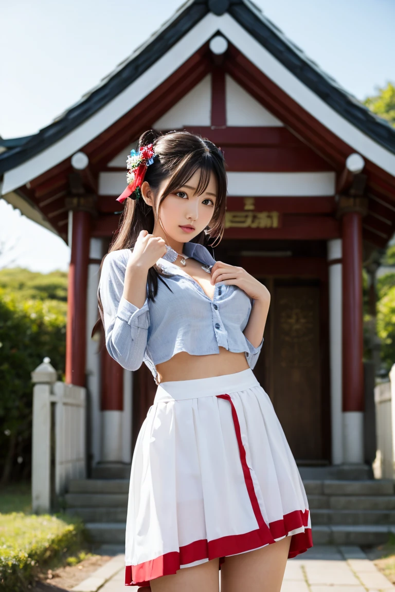 The only 18 year old shrine maiden、NSFW、Super detailed、High resolution、transcendental beauty　highest quality、masterpiece、Wear knee socks、Majimix Real、(RAW photo:1.2)、(Photoreal:1.4)、beauty in details、and delicate expression、Inside a historic old temple、(A bronze statue of the Great Buddha is enshrined:1.5)、Large Buddha statue、big bronze statue、Great Buddha of Nara、(The shrine maiden&#39;s red and white uniform is torn.、I can see your nipples:1.5)、Shrine maiden&#39;s red and white costume、(short pigtails、Bangs without gaps:1.5)、((you can see me))(squat)、eyelash、sparkling eyes、glossy lips、beautiful and detailed eyes、((beautiful japanese girl))、very detailed expression、highly detailed face、movie lighting、positive、((dynamic pose))、((open stance))、(The front of the shrine maiden&#39;s hakama is torn、I can see your pussy:1.8), Shrine maiden&#39;s red and white costume、(Accurately represents the shape of the female genitals:1.5), (Detailed depiction of the labia minora, vaginal opening, Detailed depiction of the clitoris:1.5), (Sit on the Buddha statue with your legs wide apart:1.8)、(Limb restraint:1.6)、(man&#39;s hand touches pussy:1.8)、thin legs、(Open your mouth wide and look at your tongue:1.7)、Panting with sexual pleasure、(Feel the climax of ecstasy:1.6)、Open your mouth wide and scream、shame、Her cheeks flushed slightly、heartbreaking cry