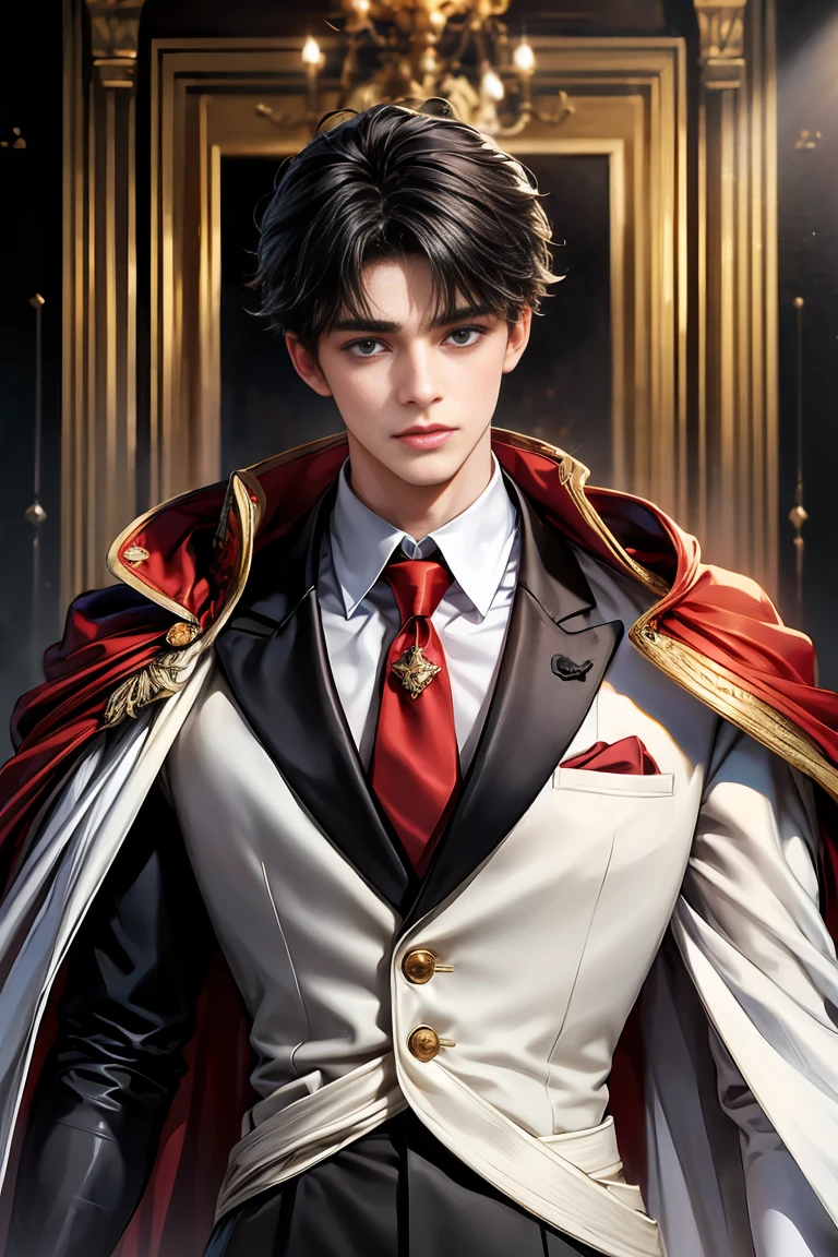 masterpiece, 最high quality, high quality, 1 boy, alone, Male focus, Upper Body,Watching the audience, Messy black hair, Adorable big blue eyes, White, Noble, Noble,A black and red cape that is bursting with volume、Tuxedo、A very voluminous, large, very large, very large, long, long red and black cape with a high stand-up collar, made of a lot of fabric that reaches down to the floor., ,cute beautiful,Cute, cute, kind, handsome guy