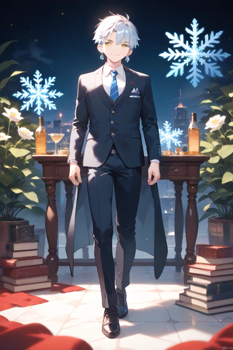 1man, boy,solo, short_ hair, full body,looking_at_viewer, smile, closed_mouth, yellow_eyes, full_body, SUITS,earrings, white_hair, snowflake_(symbol), character_name, SUITS,black_footwear, symbol-shaped_pupils, +_+, ;),multicolored_background,(full_body),stand up,