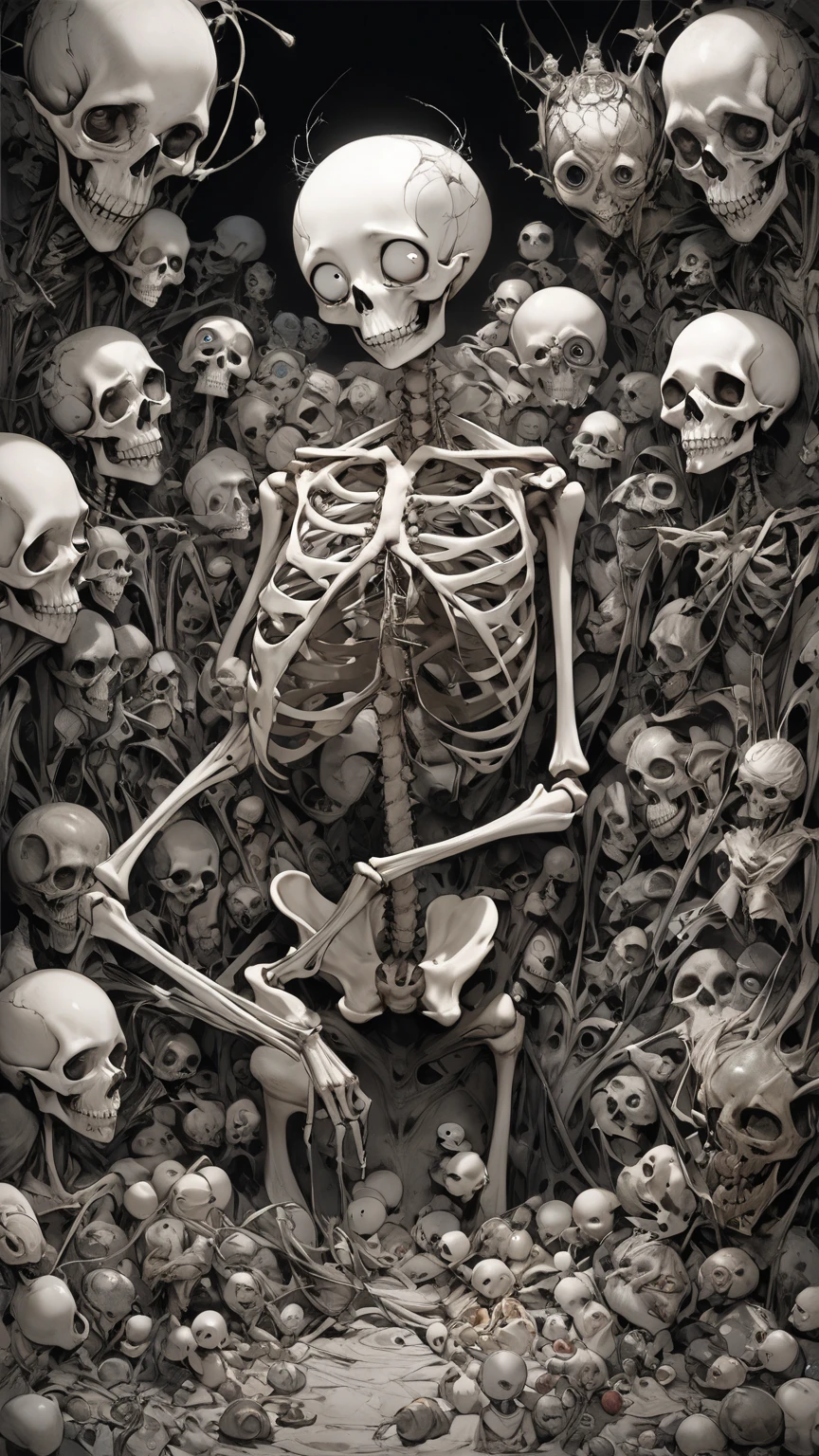 (Horror) creepy art, goretothecore, a close up of a skeleton with hands on it's chest, rotting, death metal album cover, rotting flesh, dug stanat macabre art, in hell, they sit next to a pile of bones, dark goddess , piles of bones, pile of skulls under his feet, black metal album cover, rotten flesh, crown of bones, s