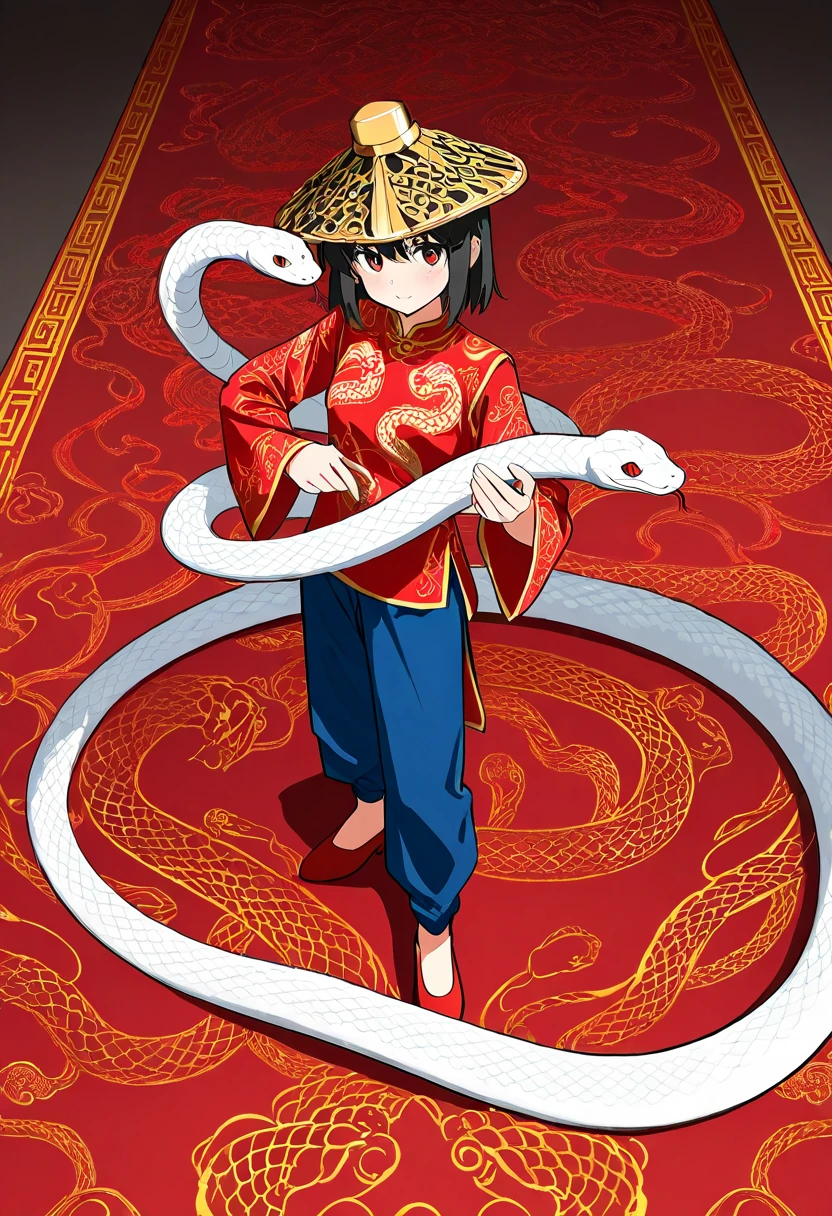 Snake dance hat， snake dance，A lively digital anime-style drawing captures a young girl rocking a traditional Chinese snake dance outfit. The kid's standing on a red carpet. He's decked out in a red long-sleeved shirt with gold patterns， blue pants， and red shoes.