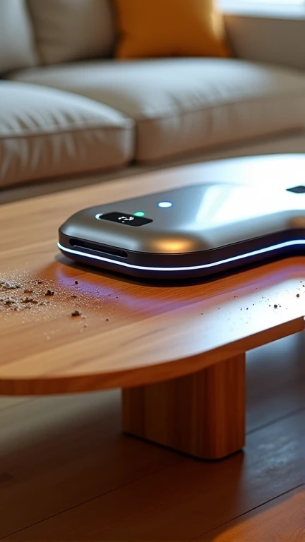 A futuristic automated vacuum cleaner device is shown cleaning a coffee table in a living room using an extendable cleaning attachment. The coffee table has a glossy wooden surface, half of which is spotless while the other half has visible crumbs and stains. The device’s sleek metallic body glows with LED accents, highlighting its advanced technology. The sofa and wooden floor are visible in the background, maintaining the consistent setting. The lighting is warm and bright, emphasizing cleanliness and efficiency.