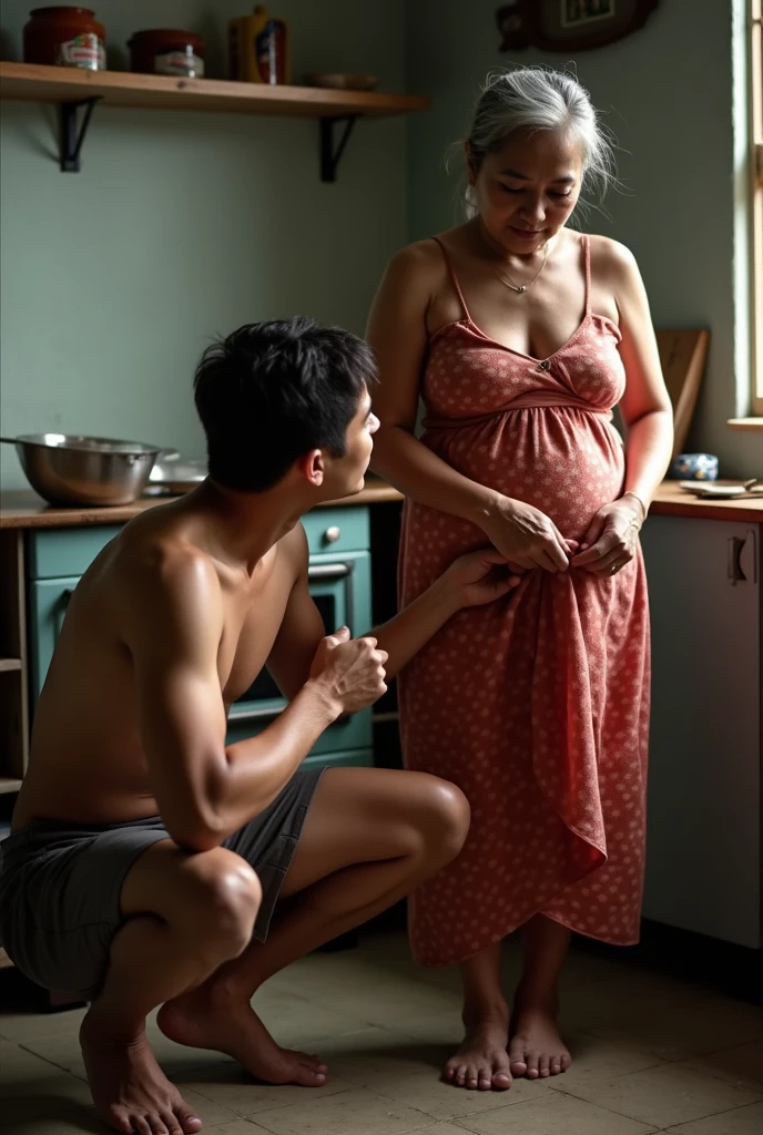 The man in his 45s with black very short hair and smooth face with moustache. The woman in her 45s with brown wavy long hair and the woman is pregnant. The man and the woman are naked. The man is sitting on the chair. The woman is sitting on the man's lap. Chair sex. Side view. Night. Dim and dark environment. UHD. HDR. Cinematic.
