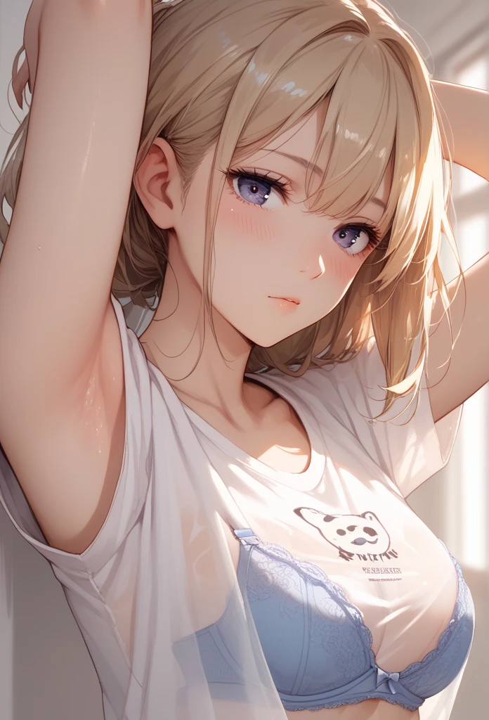 1boy and 1girl, Angle from the front、(((Close-up of mouth to chest:1.4))), (The gap between the camisole and the chest)、(She bends forward so you can see her breasts under her camisole.)、The girl bends forward to show off her breasts、(((evil grin))), ((10 years old girl)), Cute hair clip、Blonde、ponytail、low length、Small breasts, Camisole、In the corner of the kitchen、((paizuri)), (1penis), eject cum, cum to breasts