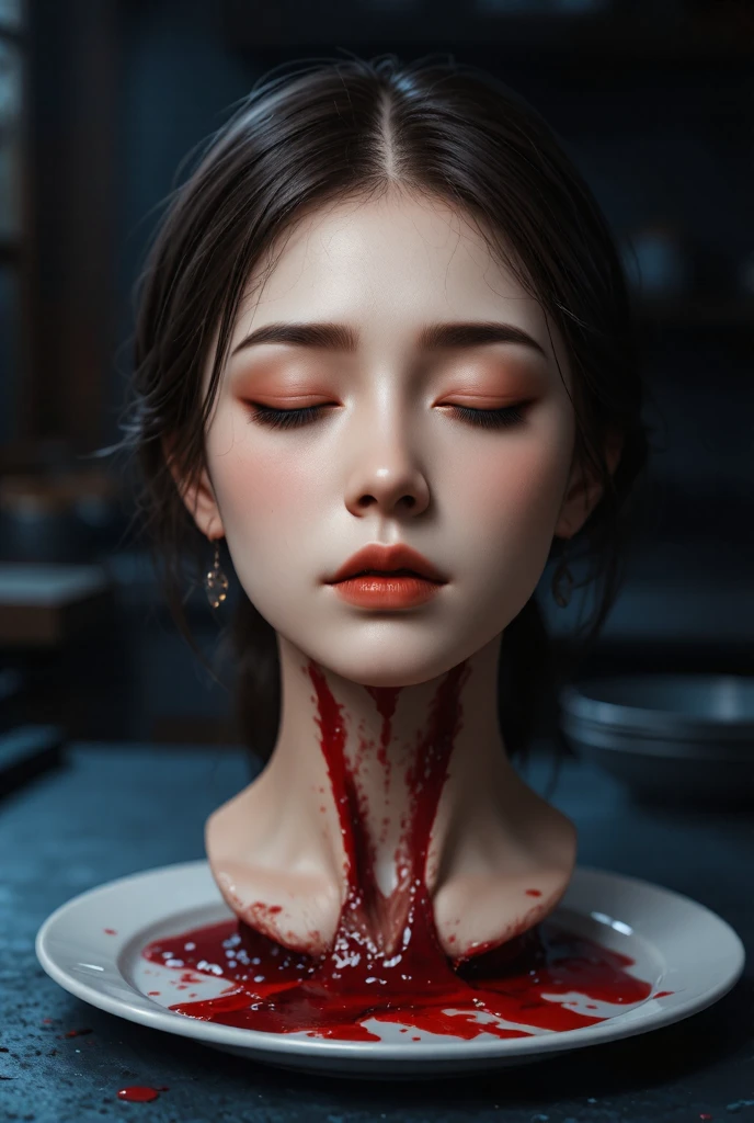   place the head of a decapitated woman , Asia,  Less blood stains   , ((  with eyes closed )),   like a dish on a plate  , Bloody,  actual , 4K, Nikon, fear