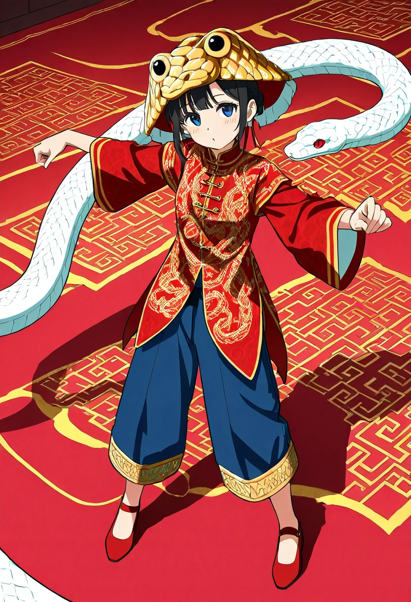 Snake dance hat， snake dance，A lively digital anime-style drawing captures a young girl rocking a traditional Chinese snake dance outfit. The kid's standing on a red carpet. He's decked out in a red long-sleeved shirt with gold patterns， blue pants， and red shoes.