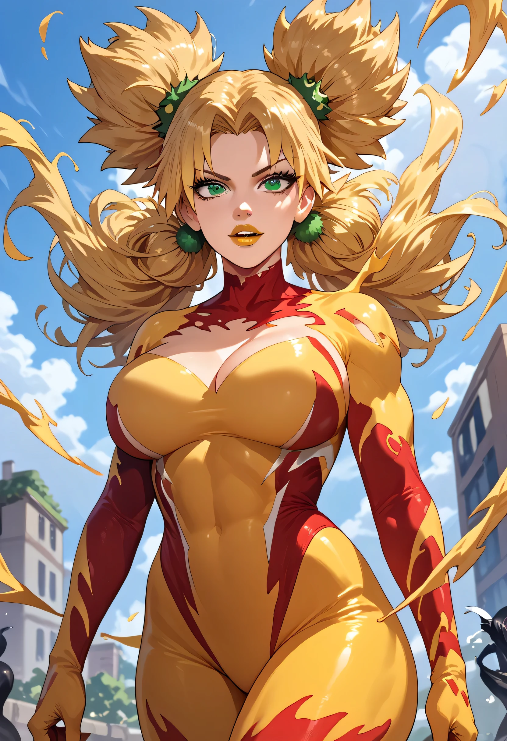 woman, big breasts, blonde hair, white skin, yellow lipstick, anime style, green eyes, red costume, yellow costume, multicolored costume, Scream, symbiote, Temari