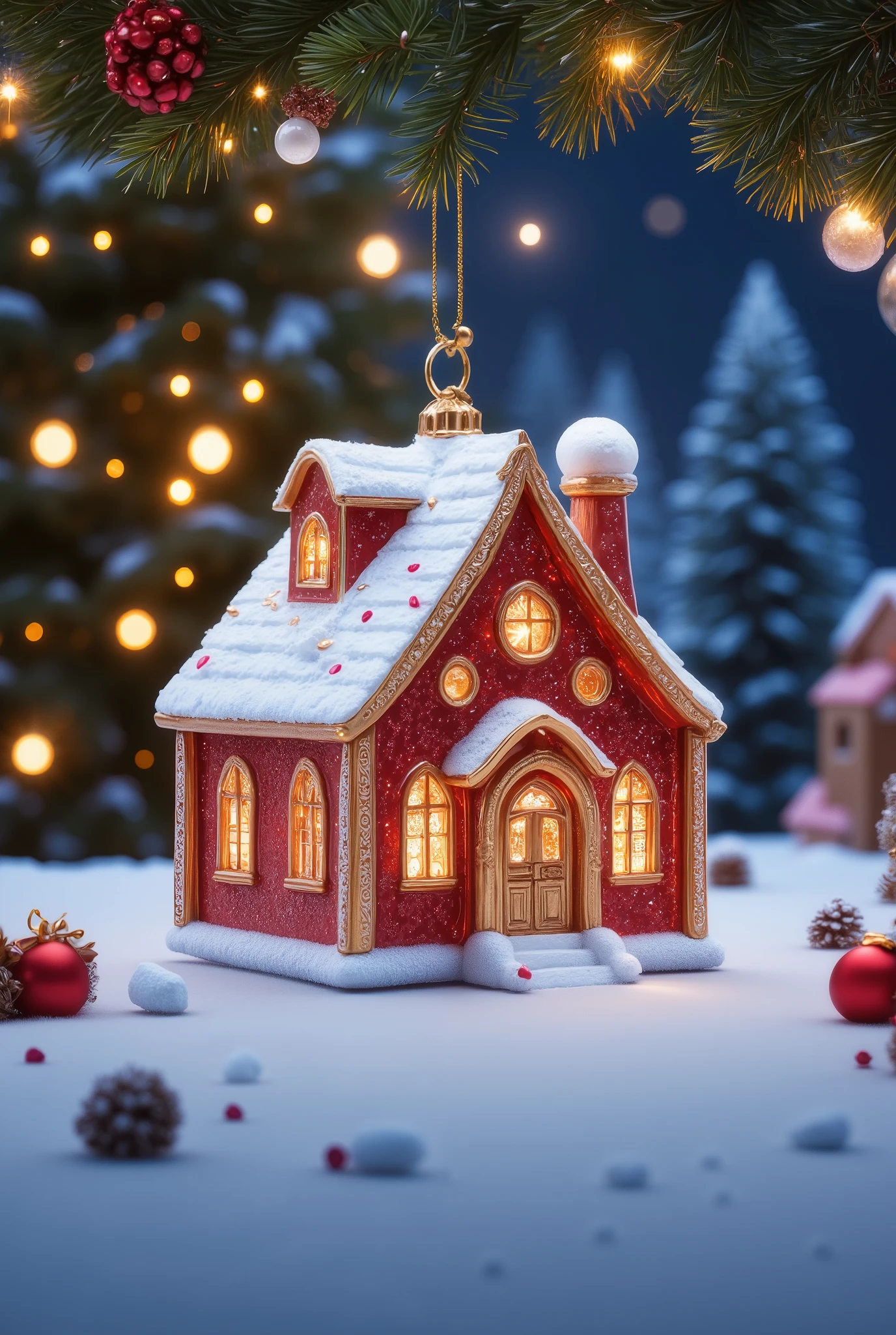  Beautiful Glass Christmas Tree Toy in the shape of a House with a snowball on the lid and a window with a pretty little door, Beautiful Red Glass Roof Very Beautiful Toy ,  masterpiece fails, 8 k, maximum details,  best quality ,  Lots of Details ,  complex details ,  