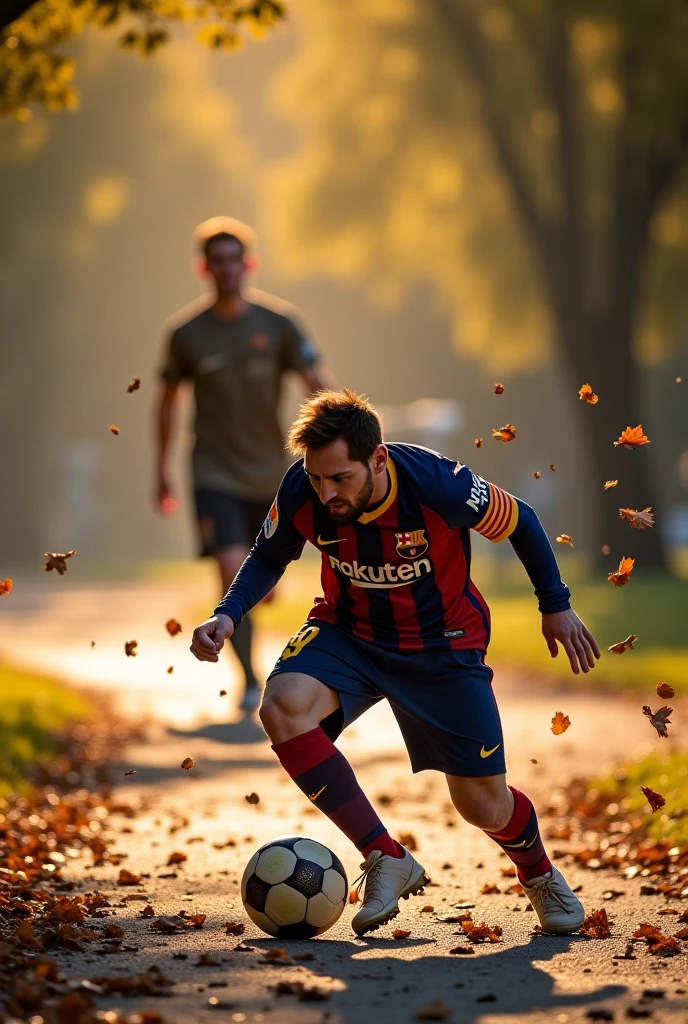 A dramatic moment where Lionel Messi slips and falls to the ground on the same park pathway. The scene captures Messi mid-fall, his surprised expression, and the details of loose gravel beneath him. Ronaldo, in the background, reacts with concern, rushing toward Messi. The cinematic lighting emphasizes the emotion of the moment—soft shadows play across their faces, with golden-hour hues casting an ethereal glow around them. Fallen leaves scatter around Messi, amplifying the realism of the scene.