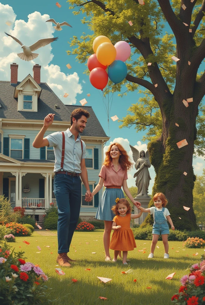  A cheerful young man dressed in a blue shirt and dress pants ,  with straps holding his red-haired girlfriend's hand  , and with two happy ren ,  surrounded by many colored balloons , a furin ,  in front of a large two-story house . There are white birds , mail letters in the air  ,  A large tree ,  a mysterious tower  ,  mossy angel statue.