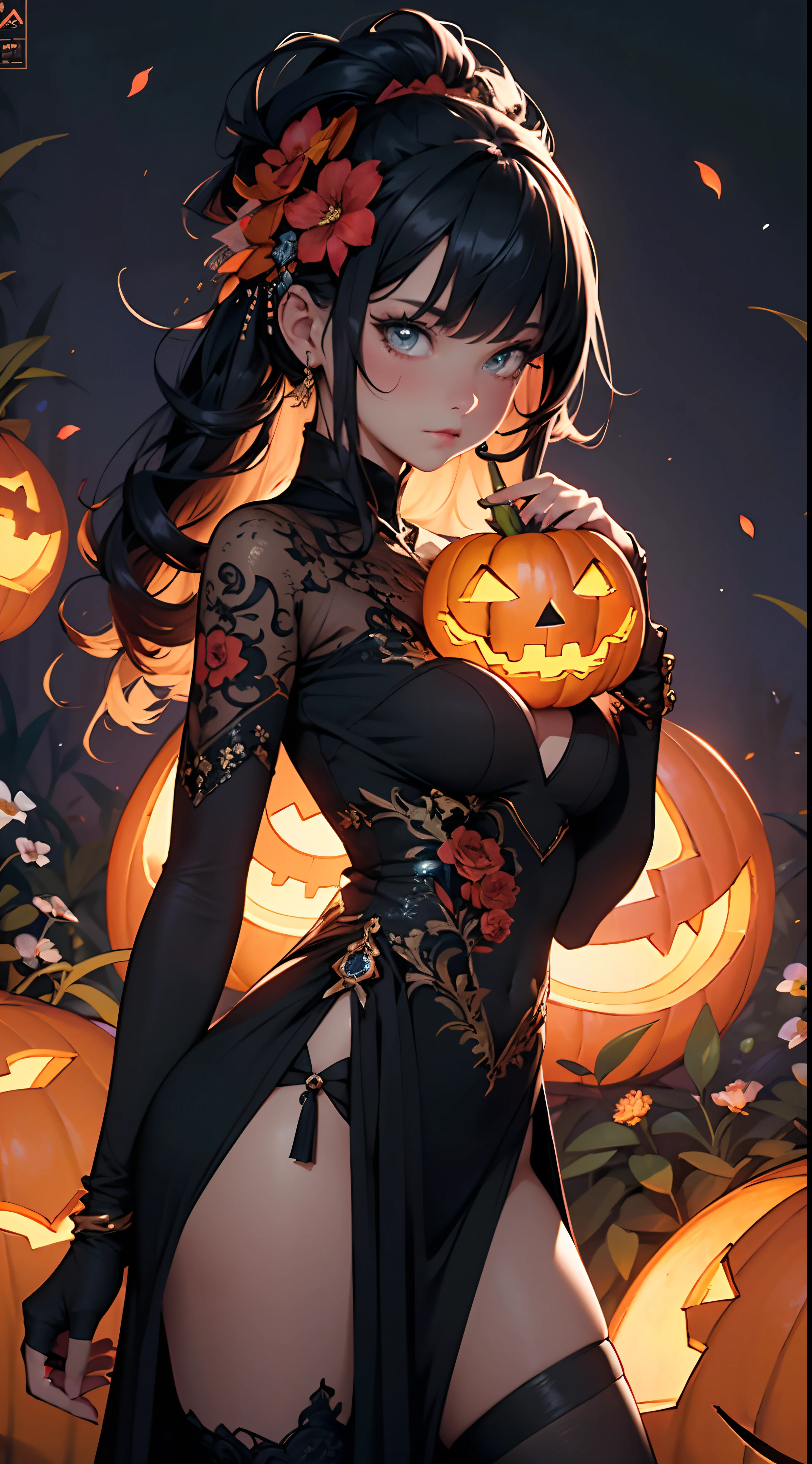 a  fairy flying over a pile of Pumpkins , holding one Pumpkin on her hand