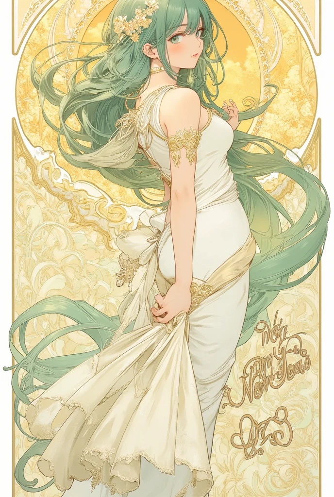 (poster, new year, write "HAPPY NEW YEAR" and "2025" in calligraphy:1.4), girl, light green hair, light green eyes, large breast, long hair, long legs, 22 years old, accent color is light yellow, Alphonse Mucha Style, AM Style, Art Nouveau Poster