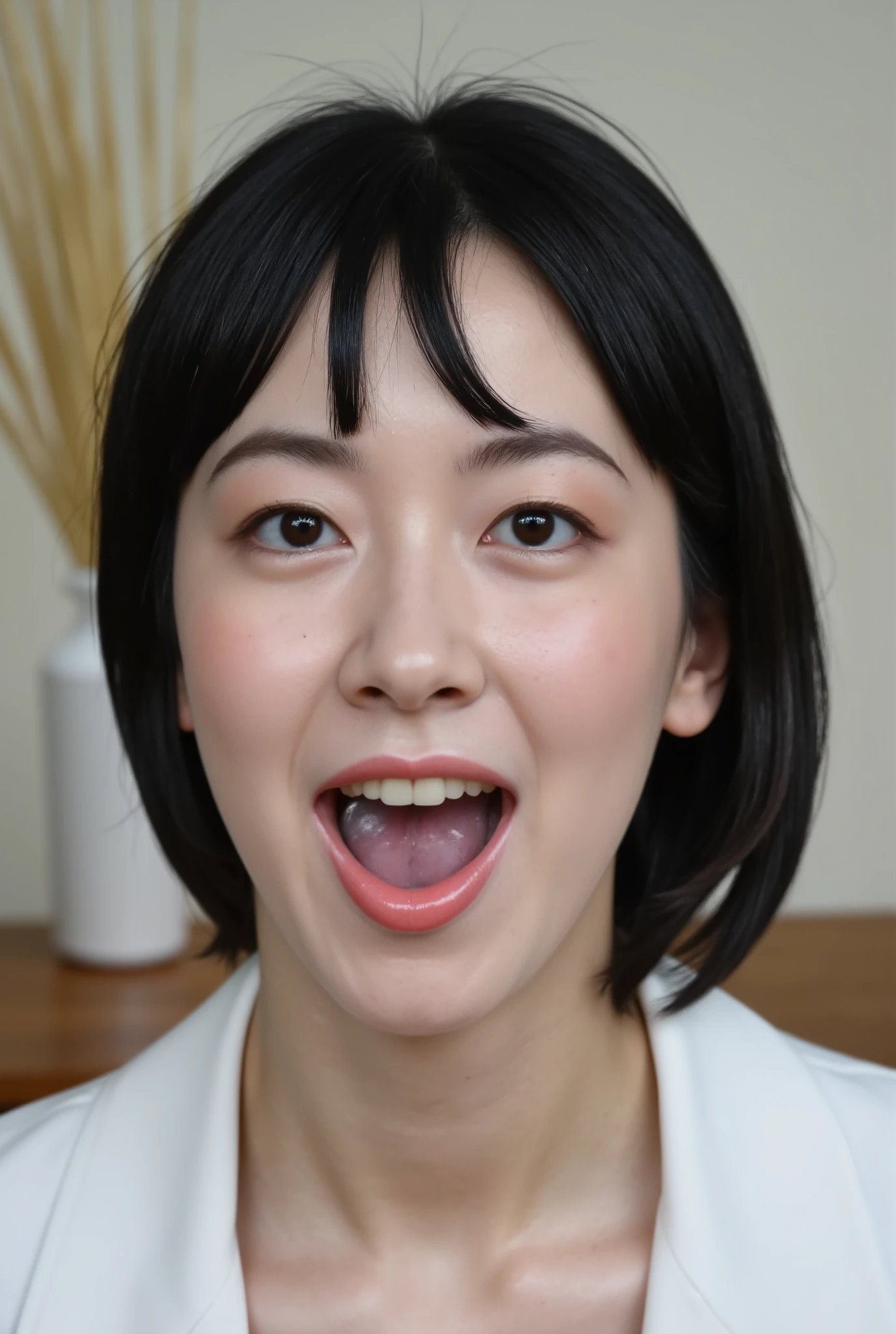 The high resolution photograph of a beautiful young woman's disembodied head in a vase on the table, photo realistic, realistic, real-life, masterpiece, amazing quality, intricate details, professional lighting, close-up of her head, face focus, black hair with bangs, detailed face, detailed eyes, sophisticated nose, (chin up, open mouth, cum in mouth:1.2), front view, outdoors,