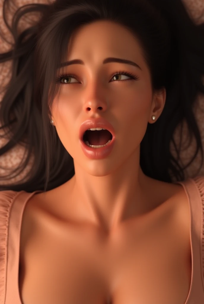 Japanese mature mother，  full lips,(body fluid,Male reproductive organs), licking,from above,shoulder cutout,,looking up,no pupils,empty eyes,drooling,messy_hair,open mouth,,，UHD, masterpiece, high details, high quality, best quality,  highres icon