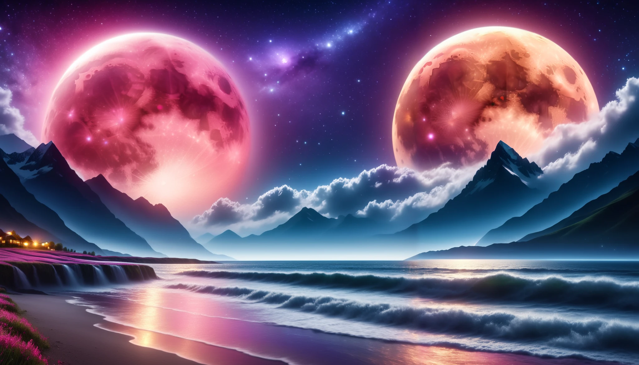  huge moon shining pink),giant pink moon , super high image quality, high definition , High Quality ,Detailed Scenery ,Night Sky,（Milky Way Galaxy）,The Alps,The giant moon and stars moving to the lake々, beautiful Artistic illustration , Ultramarine, green,  Purple , black, Majestic Atmosphere,An epic and mysterious moon,