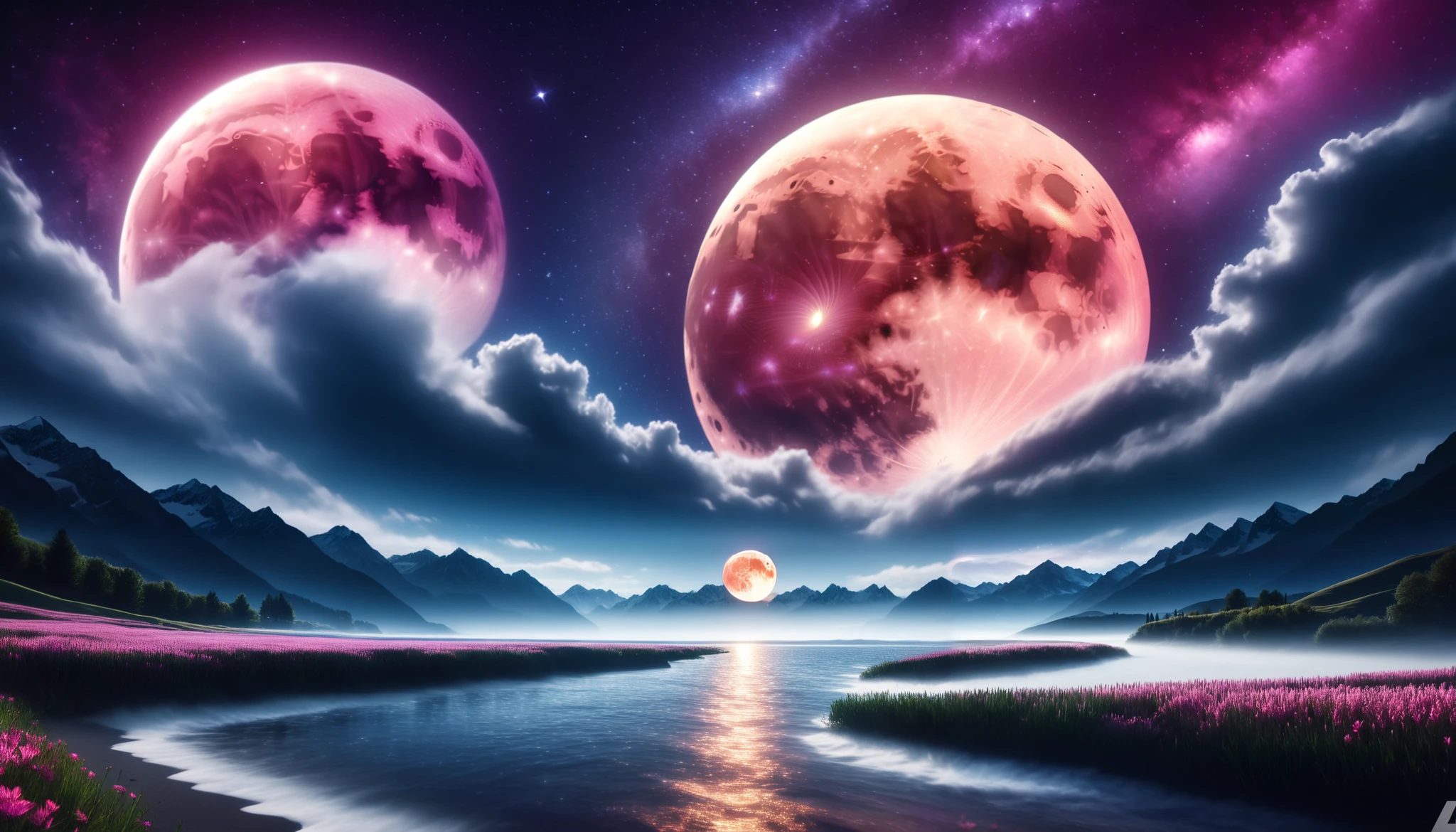  huge moon shining pink),giant pink moon , super high image quality, high definition , High Quality ,Detailed Scenery ,Night Sky,（Milky Way Galaxy）,The Alps,The giant moon and stars moving to the lake々, beautiful Artistic illustration , Ultramarine, green,  Purple , black, Majestic Atmosphere,An epic and mysterious moon,