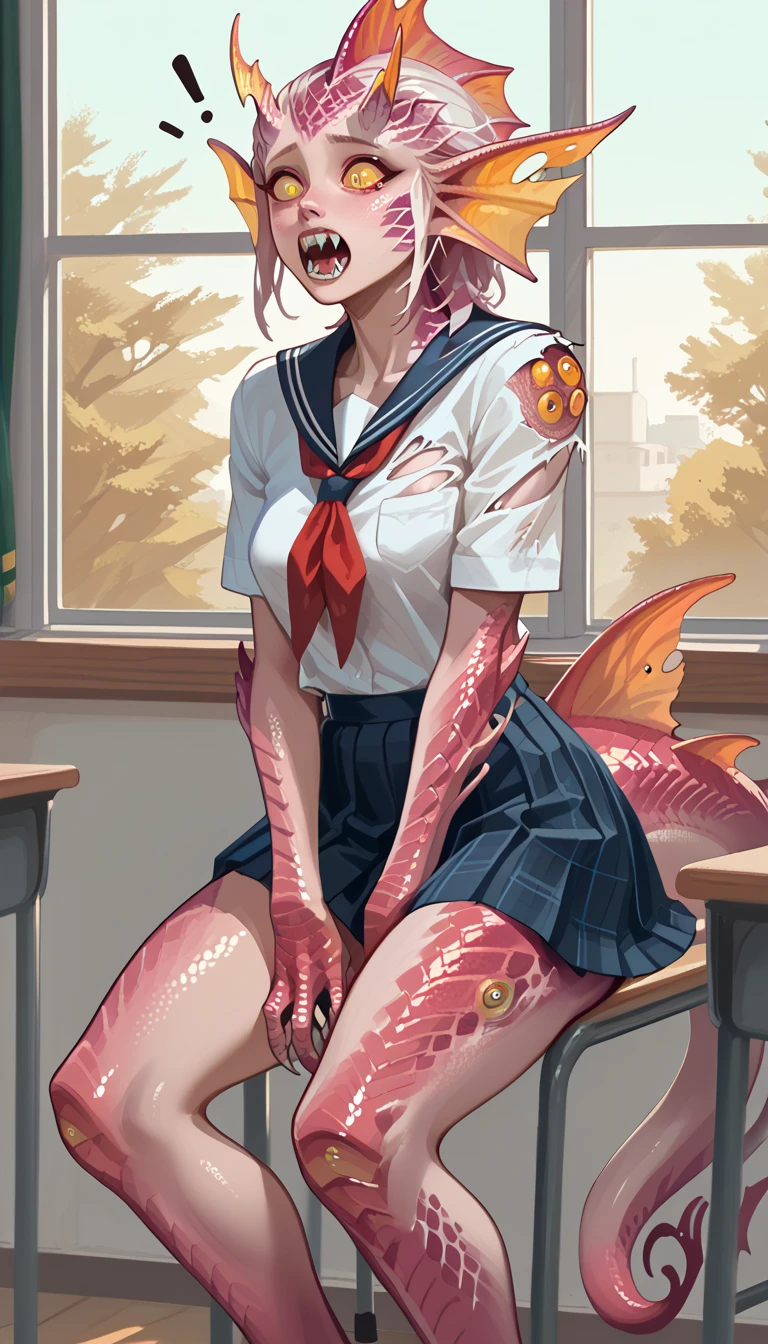 rating_explicit, score_9, score_8_up, score_7_up, Expressiveh, 1girl, shocked, torn skirt, school uniform, transformation, aroused, head crest, head eyes, , monster girl, monsterification, horns, classroom, scales, (multiple eyes), (four eyes:1.3), fins, tentacles, teeth, fangs, eyes on shoulders, eyes on legs, 