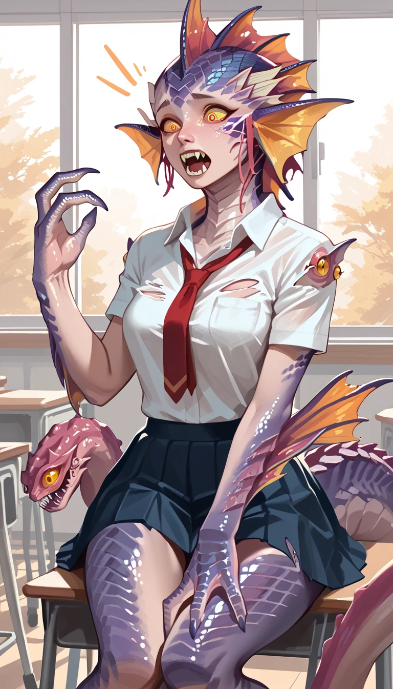 rating_explicit, score_9, score_8_up, score_7_up, Expressiveh, 1girl, shocked, torn skirt, school uniform, transformation, aroused, head crest, head eyes, , monster girl, monsterification, horns, classroom, scales, (multiple eyes), (four eyes:1.3), fins, tentacles, teeth, fangs, eyes on shoulders, eyes on legs, 