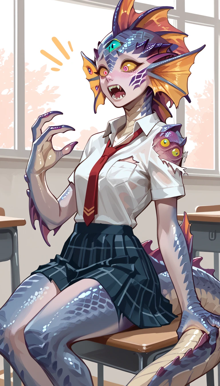 rating_explicit, score_9, score_8_up, score_7_up, Expressiveh, 1girl, shocked, torn skirt, school uniform, transformation, aroused, head crest, head eyes, , monster girl, monsterification, horns, classroom, scales, (multiple eyes), (four eyes:1.3), fins, tentacles, teeth, fangs, eyes on shoulders, eyes on legs, 