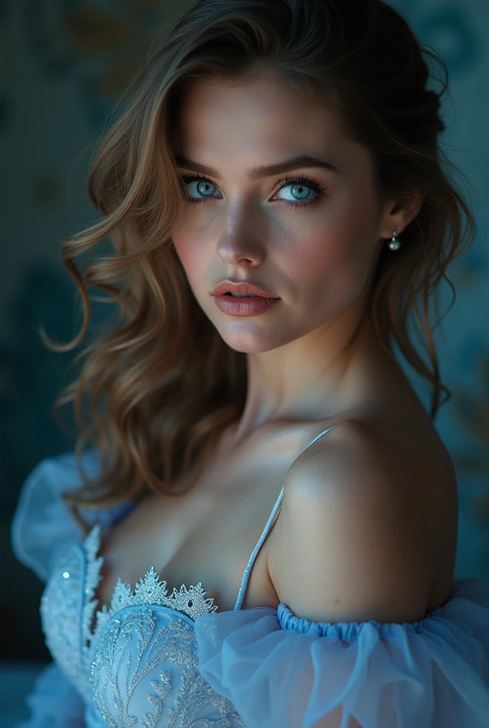 foto profissional de corpo inteiro, alto detalhe, pele realista. As the camera pans around the room, the magical bokeh of the lights creates a dreamlike atmosphere. No centro da sala, there is a 20 year old goddess with straight red hair, boca grande, fleshy lips and blue eyes. She is wearing a pair of sparkling earrings and a sheer shirt with a generous neckline drawing attention to her large breasts., adding a touch of mystery to its already intriguing presence. its intricate details adding to the overall cinematic feel of the scene.