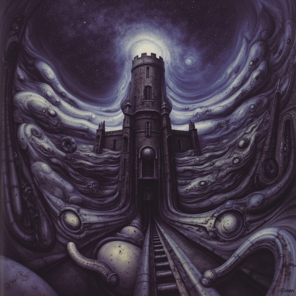 

 The image depicts a fantastical scene of a castle with a round tower, surrounded by a whirl of dark clouds and a starry nebulous sky in the background.

The space in this H.R. Giger-esque image is formed through a complex interplay of several visual techniques, creating a claustrophobic, layered, and ambiguous environment. Space in this image is formed by a combination of overlapping forms, lack of traditional perspective, flowing curves, high detail, ambiguous scale, and subtle lighting. These techniques work together to create a unique and unsettling spatial experience that is characteristic of Giger's work: a claustrophobic, organic, and biomechanical environment that feels both alien and strangely familiar.
 The most dominant feature is the dense overlapping and interweaving of organic and mechanical forms. Figures, pipes, tubes, and other structures merge seamlessly, making it difficult to distinguish where one ends and another begins. This creates a sense of depth and layers, but also contributes to the claustrophobic feeling as there's little empty space.
 There's no clear horizon line or defined vanishing point to establish traditional perspective. This further adds to the sense of disorientation and makes it difficult to gauge the scale and distance of the elements within the image. The space feels compressed and undefined.
Giger frequently uses smooth, organic curves and contours that flow into each other. These curves create a sense of movement and dynamism, but also further blur the boundaries between objects and spaces. The eye is led through the image along these curves, but there's no clear destination or resting point.
 The high level of detail and intricate textures across the entire image contributes to the sense of density and complexity. There are few areas of smooth, flat color or empty space. This creates a visually rich environment, but also makes it difficult for the eye to find a focal point or establish a sense of spatial hierarchy.
 The