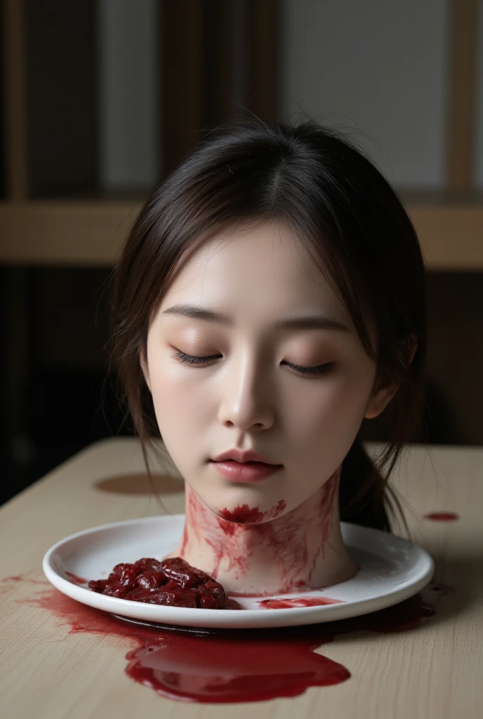   place the head of a decapitated woman , Asia,  Less blood stains   , ((  with eyes closed )),   like a dish on a plate  , Bloody,  actual , 4K, Nikon, fear