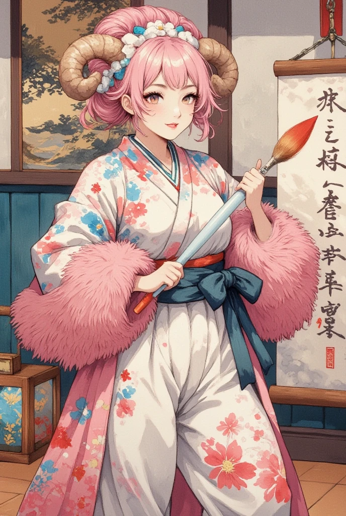 masterpiece:1.3,  highres icon:1.3, (Brush painting, Alone:1.2), One Girl \She has fluffy pink hair tied up:1.5\Round sheep horns:1.2\Thick eyebrows:1.1\Brave expression, smug face:1.5,  pink furry sleeve \long-sleeved kimono:1.5, waving a huge brush:1.4, The words "Fifty thousand thanks " written on paper on the hanging scroll BREAK Japanese style room:1.3,  vivid brush illustration