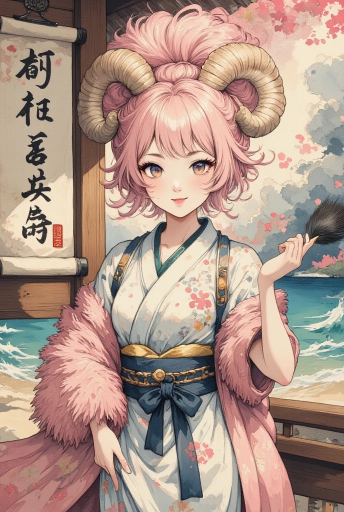 masterpiece:1.3,  highres icon:1.3, (Brush painting, Alone:1.2), One Girl \She has fluffy pink hair tied up:1.5\Round sheep horns:1.2\Thick eyebrows:1.1\Brave expression, smug face:1.5,  pink furry sleeve \long-sleeved kimono:1.5, waving a huge brush:1.4, The words "Fifty thousand thanks " written on paper on the hanging scroll BREAK Japanese style room:1.3,  vivid brush illustration