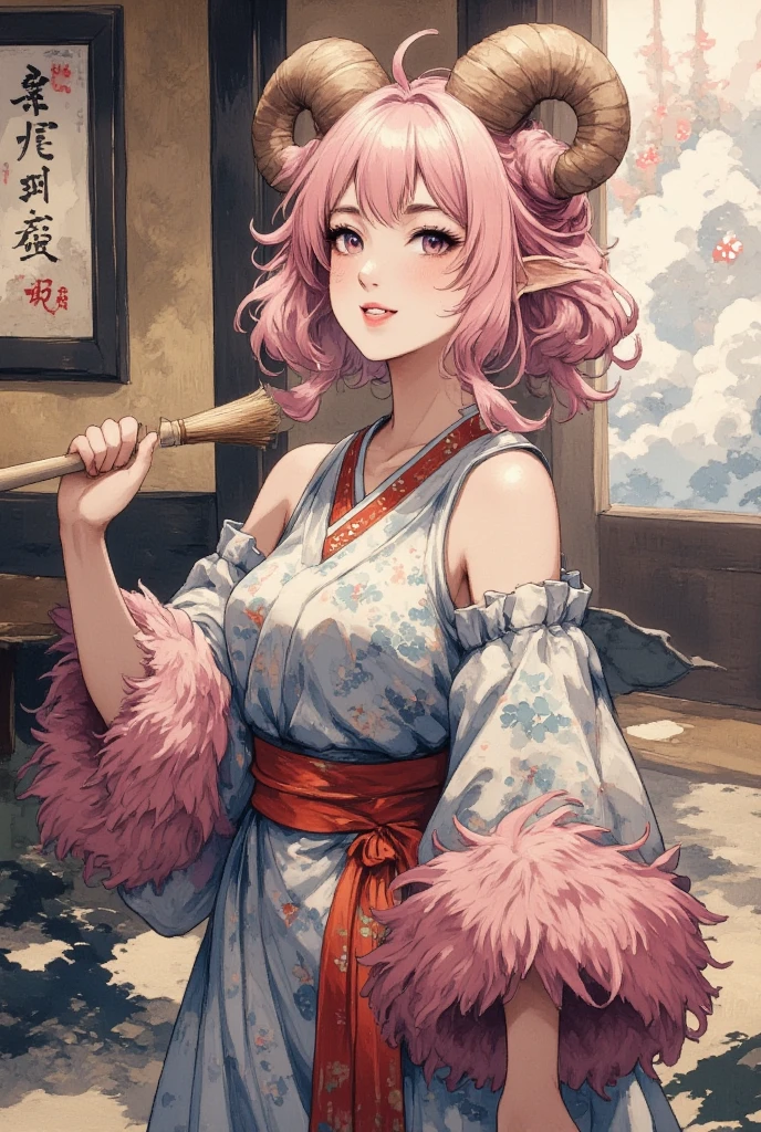 masterpiece:1.3,  highres icon:1.3, (Brush painting, Alone:1.2), One Girl \She has fluffy pink hair tied up:1.5\Round sheep horns:1.2\Thick eyebrows:1.1\Brave expression, smug face:1.5,  pink furry sleeve \long-sleeved kimono:1.5, waving a huge brush:1.4, The words "Fifty thousand thanks " written on paper on the hanging scroll BREAK Japanese style room:1.3,  vivid brush illustration