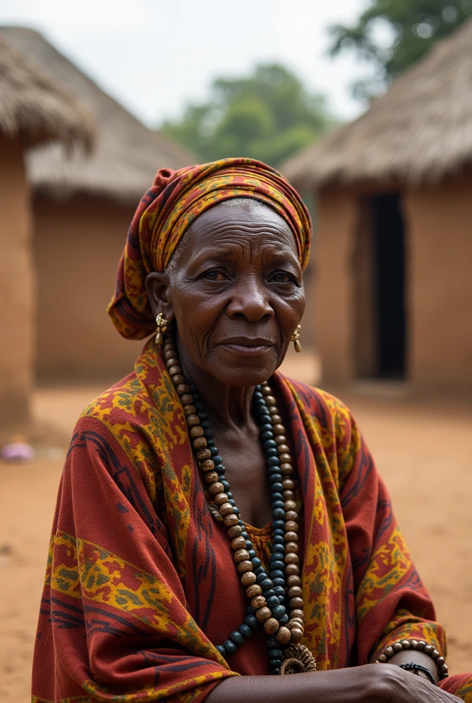 Photo of a congolese woman, wrinkles, aged, necklace, crowded papers room, closeup, neutral colors, barren land