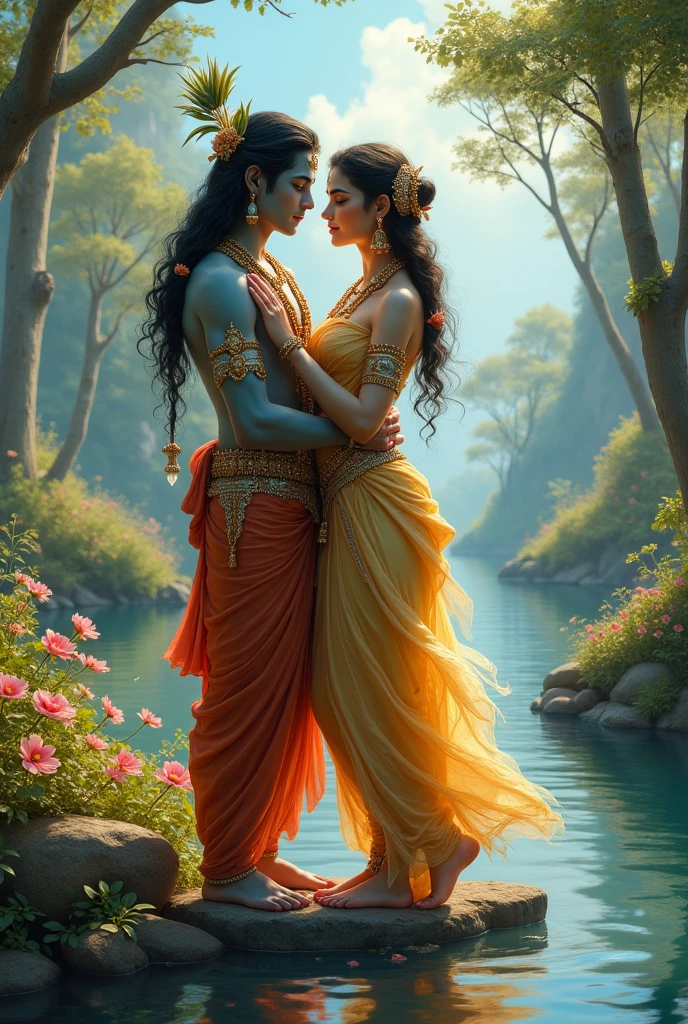 delicate, intricate leaf veins resembling delicate brushstrokes, as tendrils of foliage swirl around the figure, blurring the lines between dancer and environment against a backdrop of gentle, glistening raindrops bhagwan krishan and radha