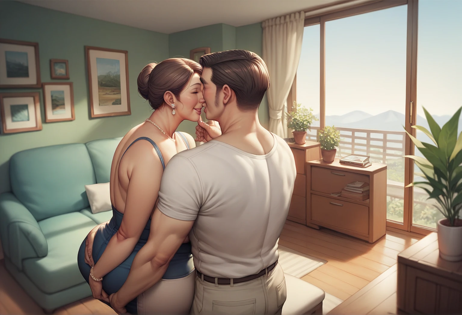 multiple thick body (mature women age 40 Columbian milf super model) wearing panties and topless, (((husband age 25, wife standing press breasts next against husband face, husband sitting in a chair smiling, hug low, side view, smothering breasts on head))) nsfw, kitchen daytime
