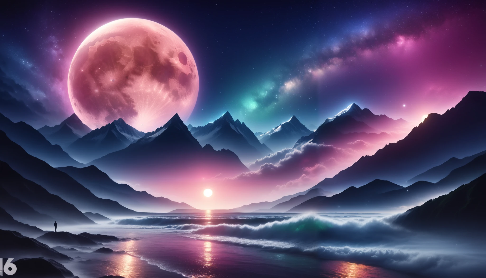  huge moon shining pink),giant pink moon , super high image quality, high definition , High Quality ,Detailed Scenery ,Night Sky,（Milky Way Galaxy）,The Alps,The giant moon and stars moving to the lake々, beautiful Artistic illustration , Ultramarine, green,  Purple , black, Majestic Atmosphere,An epic and mysterious moon,