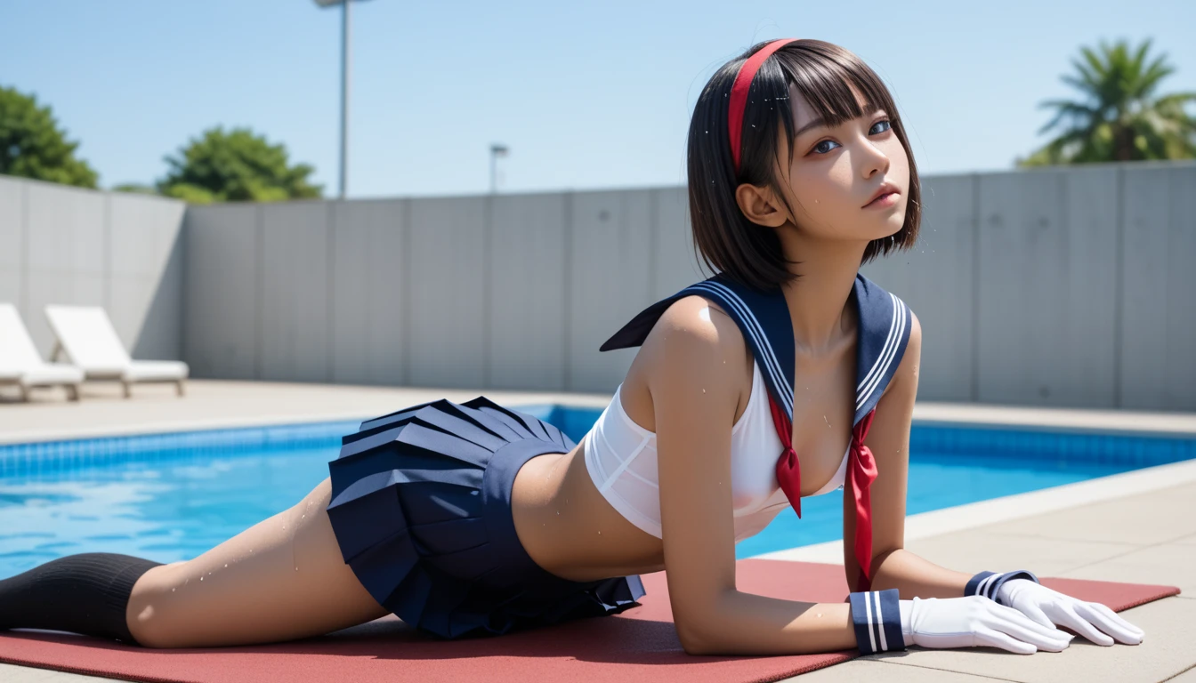  wet Japanese female middle school student 、masterpiece 、  top quality 、  ultra high definition、 realistic、 beautiful lighting arranged in an orderly manner、  RAW photos 、4K Ultra HD、  super detailed face、Clear Face、Detailed eye、 beautiful eyes、1080P、 tan dark skin 、 beautifully manicured hair 、 black hair、 short bob cut , bangs、 horny 、 skinny young gravure idol 、 ((prone bone、Lay a mat))、(((Tight Small Breasts 、Separated Breasts 、 tight breasts)))、((Close legs and stretch ))、((( rear view、 back shot )))、Detailed eye detail，目 with beautiful details，  double eyelid ，  has long eyelashes、 Red Headband 、 white gloves 、compression shorts under skirts、((( small chest with tension、Separated Breasts 、 tight breasts)))、(( blue sky、Outdoor Pool、 blur background)),(((Wet Japanese Female Middle School Student 、 Red ribbon、 navy sailor color 、sailor cuffs、 pleated skirt 、 black high socks)))、( perfect anatomy)、   thin beautiful thighs 、 oily skin、Five fingers、Two arms、2 Legs 