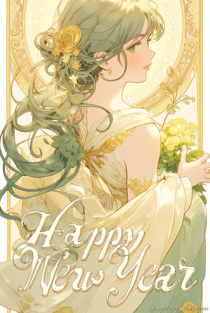 (poster, new year, write "HAPPY NEW YEAR" and "2025" in calligraphy:1.4), girl, light green hair, light green eyes, large breast, long hair, long legs, 22 years old, accent color is light yellow, Alphonse Mucha Style, AM Style, Art Nouveau Poster