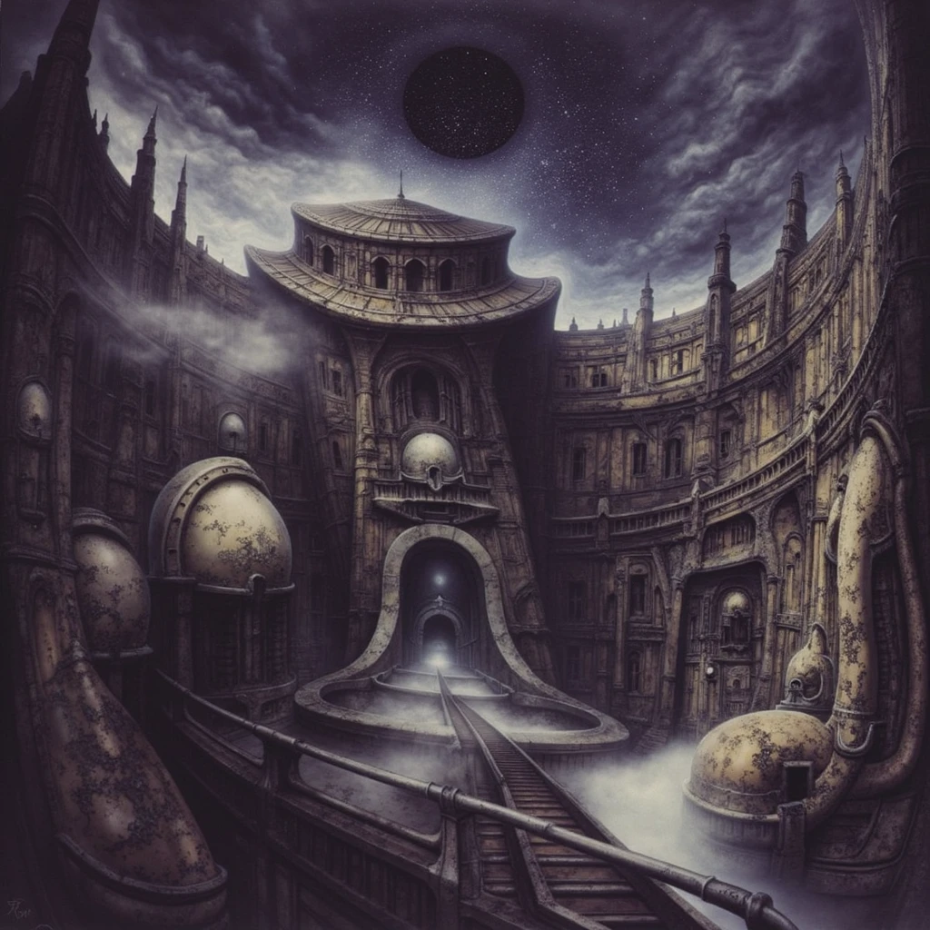 

 The image depicts a fantastical scene of a castle with a round tower, surrounded by a whirl of dark clouds and a starry nebulous sky in the background.

The space in this H.R. Giger-esque image is formed through a complex interplay of several visual techniques, creating a claustrophobic, layered, and ambiguous environment. Space in this image is formed by a combination of overlapping forms, lack of traditional perspective, flowing curves, high detail, ambiguous scale, and subtle lighting. These techniques work together to create a unique and unsettling spatial experience that is characteristic of Giger's work: a claustrophobic, organic, and biomechanical environment that feels both alien and strangely familiar.
 The most dominant feature is the dense overlapping and interweaving of organic and mechanical forms. Figures, pipes, tubes, and other structures merge seamlessly, making it difficult to distinguish where one ends and another begins. This creates a sense of depth and layers, but also contributes to the claustrophobic feeling as there's little empty space.
 There's no clear horizon line or defined vanishing point to establish traditional perspective. This further adds to the sense of disorientation and makes it difficult to gauge the scale and distance of the elements within the image. The space feels compressed and undefined.
Giger frequently uses smooth, organic curves and contours that flow into each other. These curves create a sense of movement and dynamism, but also further blur the boundaries between objects and spaces. The eye is led through the image along these curves, but there's no clear destination or resting point.
 The high level of detail and intricate textures across the entire image contributes to the sense of density and complexity. There are few areas of smooth, flat color or empty space. This creates a visually rich environment, but also makes it difficult for the eye to find a focal point or establish a sense of spatial hierarchy.
 The