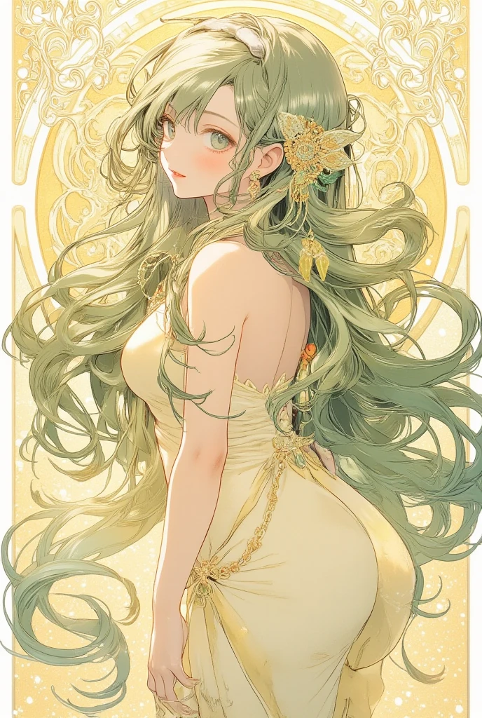 (poster, new year, write "HAPPY NEW YEAR" and "2025" in calligraphy:1.4), girl, light green hair, light green eyes, large breast, long hair, long legs, 22 years old, accent color is light yellow, Alphonse Mucha Style, AM Style, Art Nouveau Poster