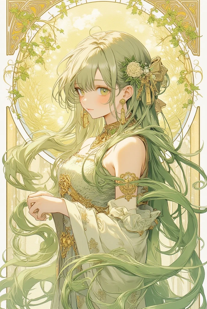 (poster, new year, write "HAPPY NEW YEAR" and "2025" in calligraphy:1.4), girl, light green hair, light green eyes, large breast, long hair, long legs, 22 years old, accent color is light yellow, Alphonse Mucha Style, AM Style, Art Nouveau Poster