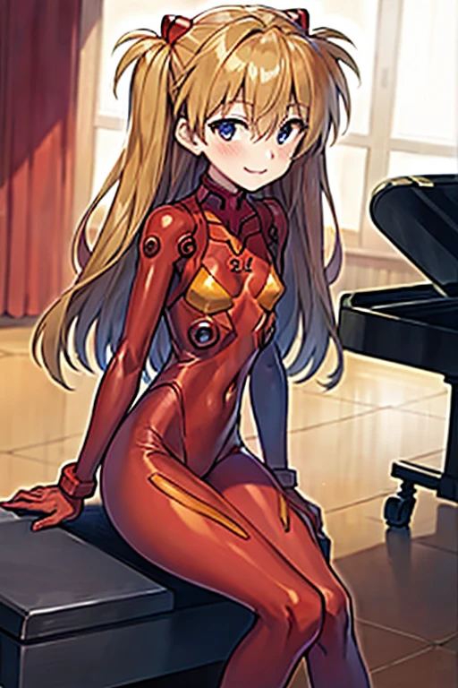 (( top quality)), ((masterpiece)), (be familiar with), perfect face, indoor, bedroom,  Watching Viewers ,
One woman,  Soryu Asuka Langley ,
開いた口,  ecstatic expression beside the piano, blush, smile,
 small tits,  flat chest, Young girl, Lori,  s,  girl,
 long hair,  two side up,
Leg spread,