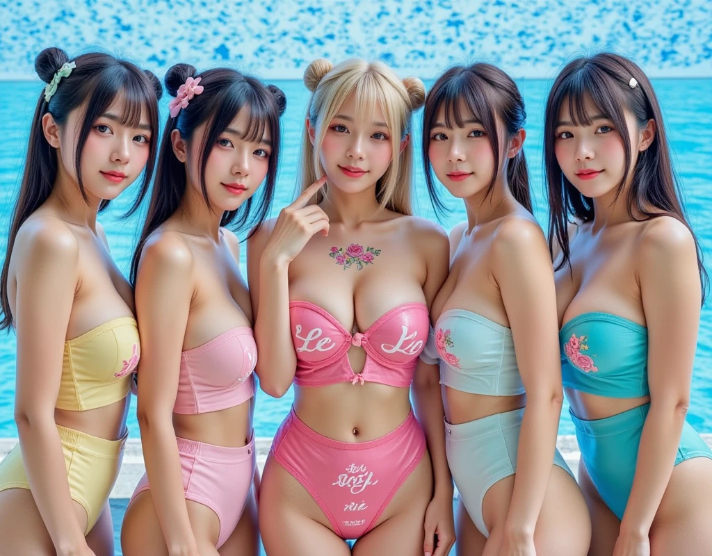 Three cute girls in swimsuits frolicking in a bubble bath on the rooftop at night Colorful Hair Color Colossal tits Idol-like figure A sexy Obscene Colorful micro bikini a large amount of foam a picture realisitic gravure Camera position at close range A smile Water drips all over the body Fresh skin Moisturized skin sweats streamed skin soak wet skin the skin is covered with a lot of water