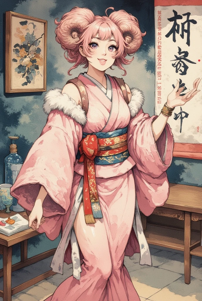 masterpiece:1.3,  highres icon:1.3, (Brush painting, Alone:1.2), One Girl \She has fluffy pink hair tied up:1.5\Round sheep horns:1.2\Thick eyebrows:1.1\Brave expression, smug face:1.5,  pink furry sleeve \long-sleeved kimono:1.5, Waving a human-sized brush :1.4, The words "Fifty thousand thanks " written on paper on the hanging scroll BREAK Japanese style room:1.3,  vivid brush illustration