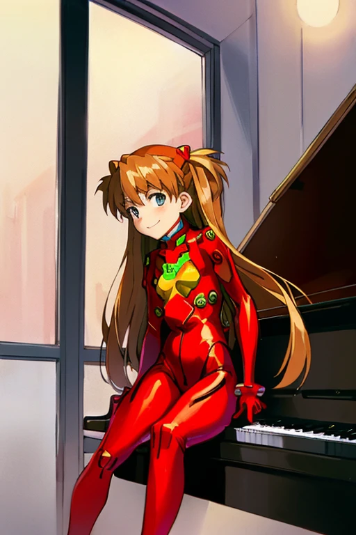 (( top quality)), ((masterpiece)), (be familiar with), perfect face, indoor, bedroom,  Watching Viewers ,
One woman,  Soryu Asuka Langley ,
開いた口,  ecstatic expression beside the piano, blush, smile,
 small tits,  flat chest, Young girl, Lori,  s,  girl,
 long hair,  two side up,
Leg spread,